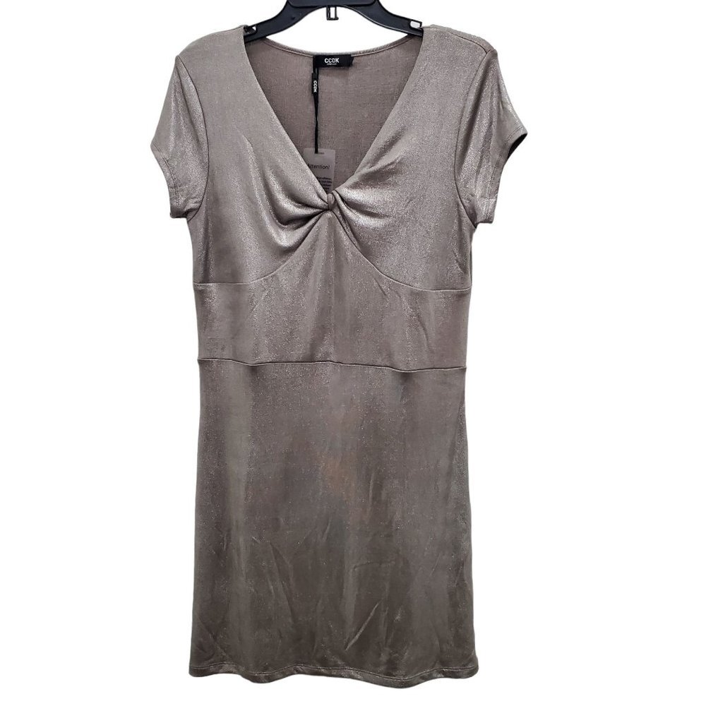 CCDK Copenhagen Silver Metallic Slinky Twist Front V-Neck‎ Sheath Dress NWT Sz L